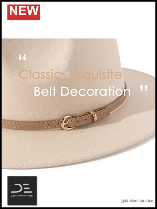 Classic Felt Fedora Wide Brim Hat with Belt Buckle, Lightweight Adjustable main image 6